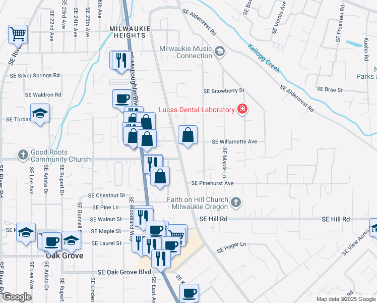 map of restaurants, bars, coffee shops, grocery stores, and more near 13822 Southeast Oatfield Road in Milwaukie