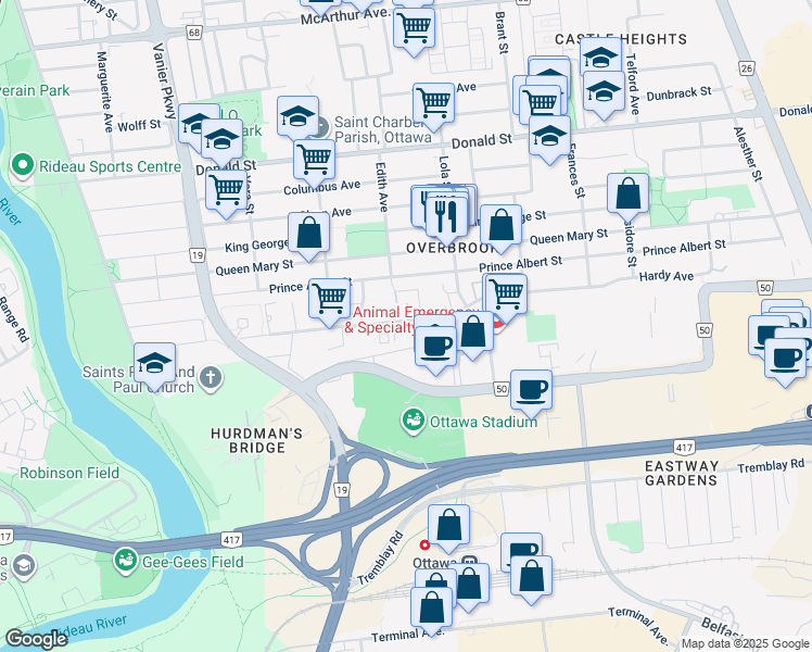 map of restaurants, bars, coffee shops, grocery stores, and more near 276 Presland Road in Ottawa