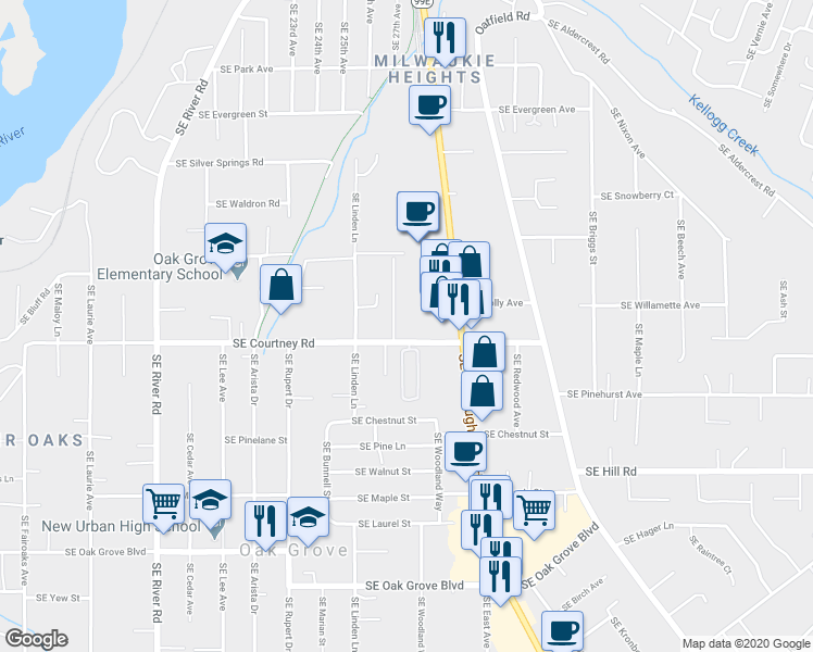 map of restaurants, bars, coffee shops, grocery stores, and more near 2705 Courtney Road in Milwaukie