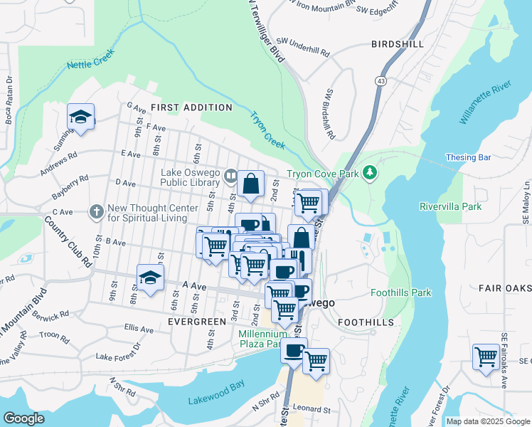 map of restaurants, bars, coffee shops, grocery stores, and more near 667 3rd Street in Lake Oswego