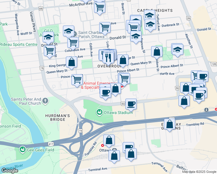 map of restaurants, bars, coffee shops, grocery stores, and more near in Ottawa