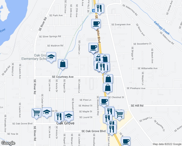 map of restaurants, bars, coffee shops, grocery stores, and more near 2705 Courtney Road in Milwaukie