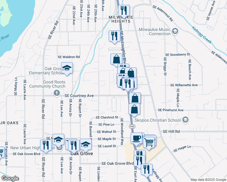 map of restaurants, bars, coffee shops, grocery stores, and more near 2705 Courtney Road in Milwaukie