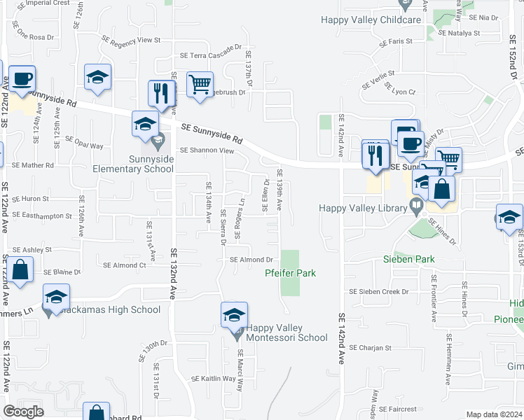 map of restaurants, bars, coffee shops, grocery stores, and more near 13757 Southeast Ellen Drive in Clackamas