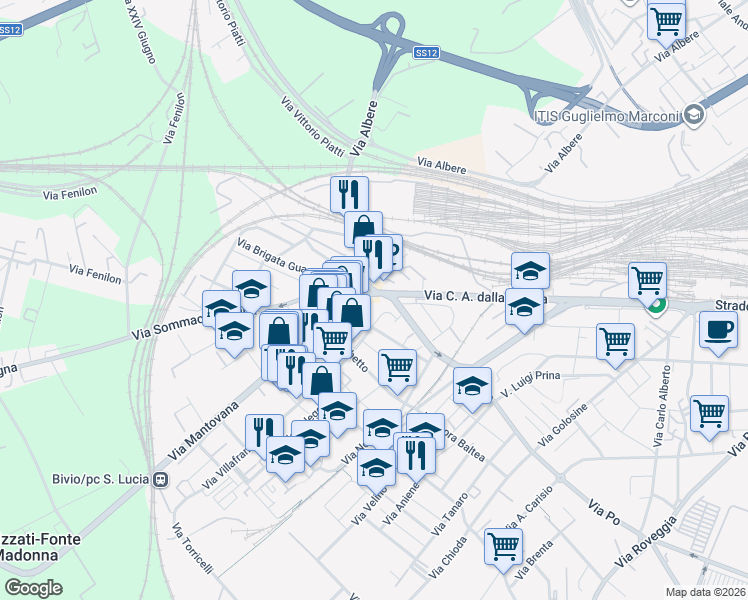 map of restaurants, bars, coffee shops, grocery stores, and more near 9 Via Mantovana in Verona
