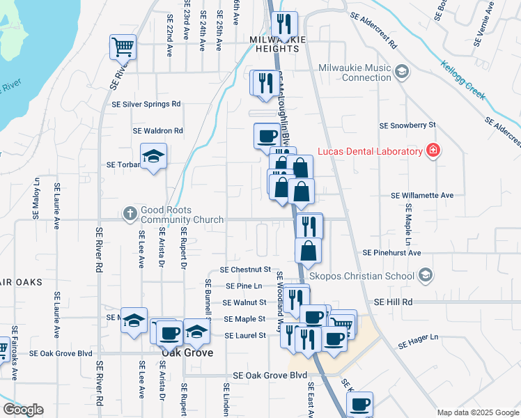 map of restaurants, bars, coffee shops, grocery stores, and more near 2705 Southeast Courtney Road in Milwaukie