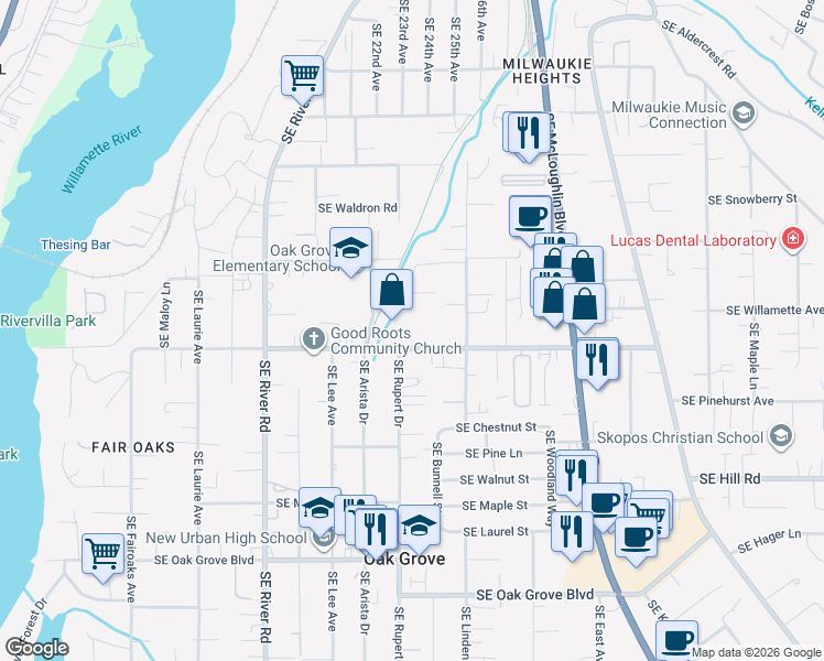 map of restaurants, bars, coffee shops, grocery stores, and more near 2309 Southeast Courtney Avenue in Portland