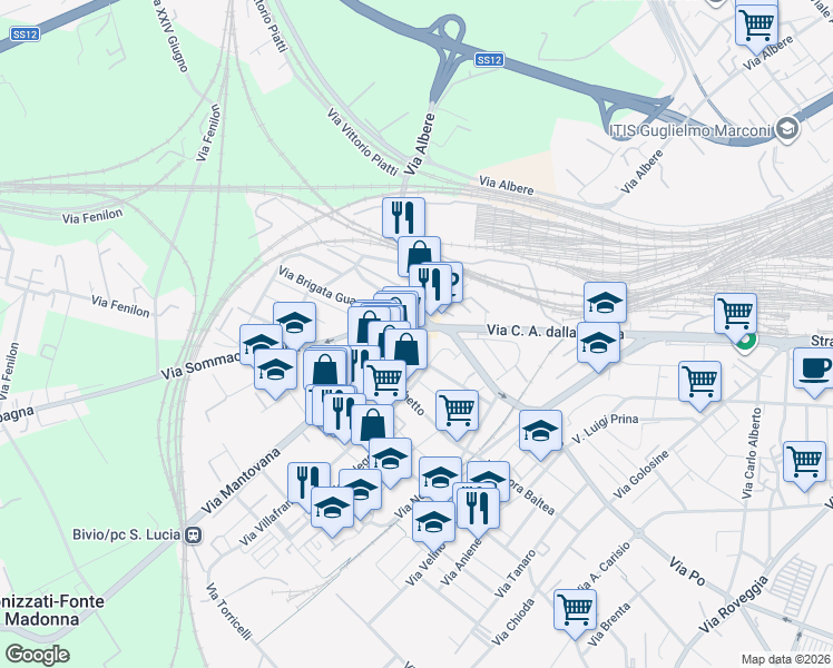 map of restaurants, bars, coffee shops, grocery stores, and more near 9 Via Mantovana in Verona