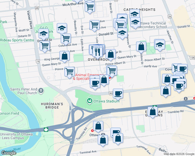 map of restaurants, bars, coffee shops, grocery stores, and more near 306 Presland Road in Ottawa