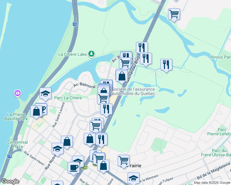 map of restaurants, bars, coffee shops, grocery stores, and more near 48 Boulevard Taschereau in La Prairie