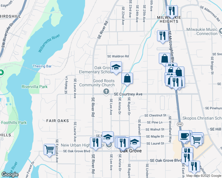 map of restaurants, bars, coffee shops, grocery stores, and more near 2071 Courtney Road in Milwaukie