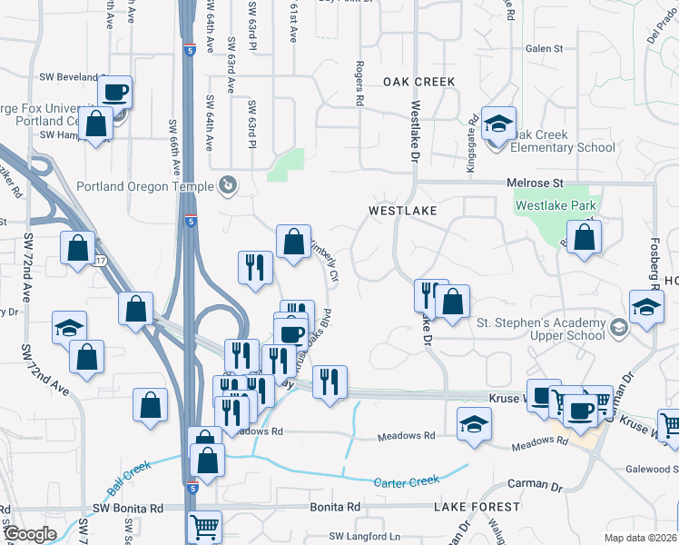map of restaurants, bars, coffee shops, grocery stores, and more near 14232 Kimberly Circle in Lake Oswego