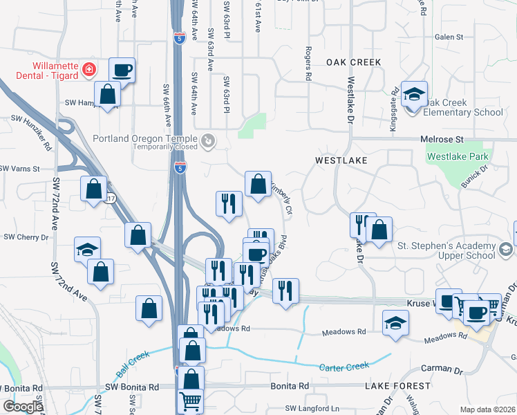 map of restaurants, bars, coffee shops, grocery stores, and more near 2 Centerpointe Drive in Lake Oswego