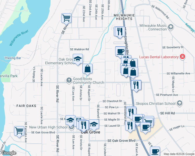 map of restaurants, bars, coffee shops, grocery stores, and more near 2405 Southeast Courtney Avenue in Milwaukie