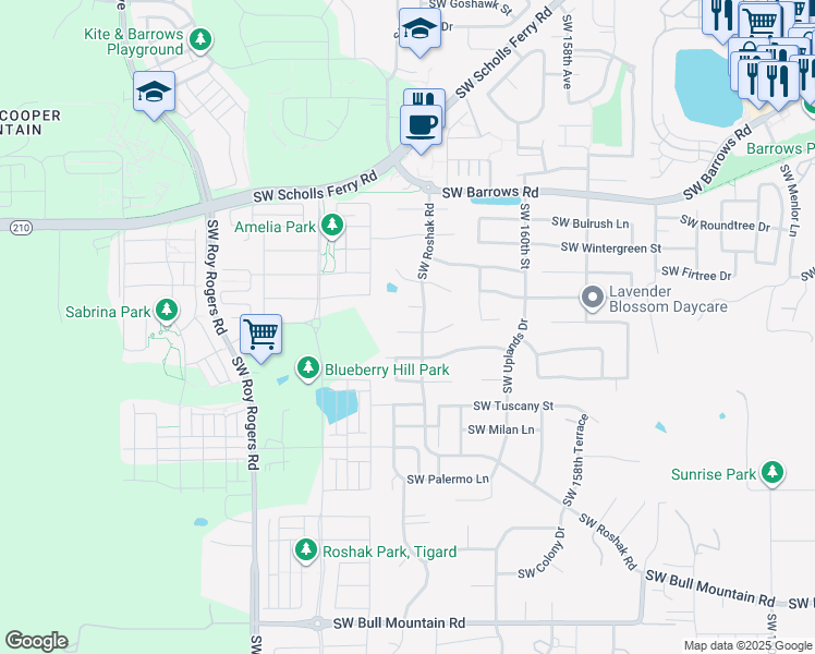 map of restaurants, bars, coffee shops, grocery stores, and more near 16365 Southwest Hoops Court in Tigard