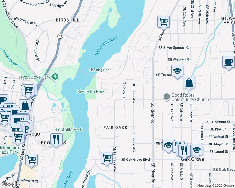 map of restaurants, bars, coffee shops, grocery stores, and more near 13797 Southeast Bluff Road in Milwaukie