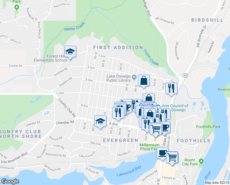map of restaurants, bars, coffee shops, grocery stores, and more near 608 6th Street in Lake Oswego
