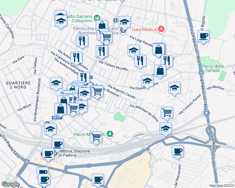 map of restaurants, bars, coffee shops, grocery stores, and more near 59 Via Antonio Bonazza in Padova