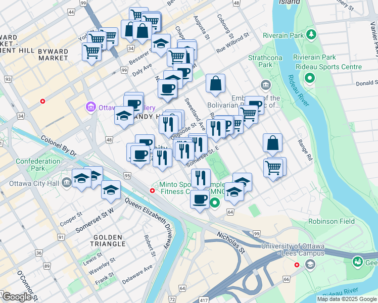 map of restaurants, bars, coffee shops, grocery stores, and more near 127 Henderson Avenue in Ottawa