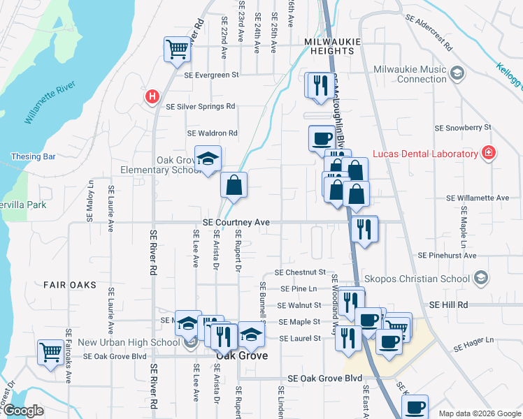 map of restaurants, bars, coffee shops, grocery stores, and more near 2405 Southeast Courtney Avenue in Milwaukie