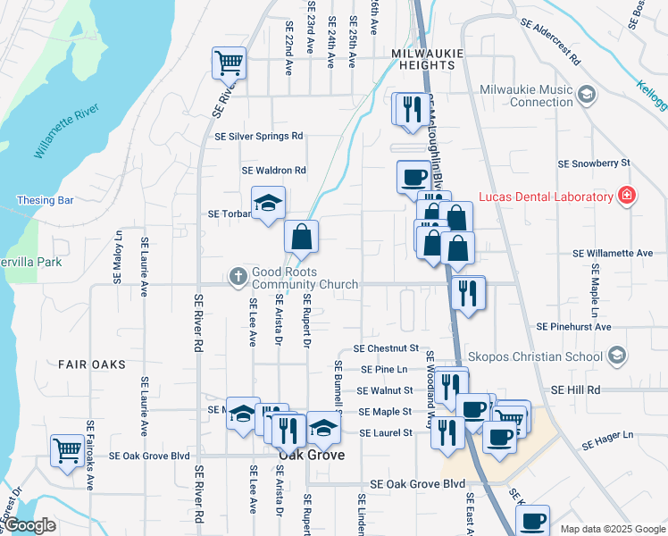 map of restaurants, bars, coffee shops, grocery stores, and more near 2405 Southeast Courtney Avenue in Milwaukie