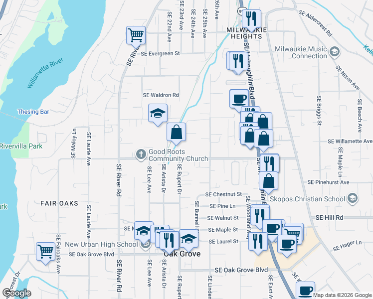 map of restaurants, bars, coffee shops, grocery stores, and more near 2309 Southeast Courtney Avenue in Portland