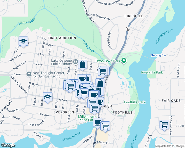 map of restaurants, bars, coffee shops, grocery stores, and more near 148 D Avenue in Lake Oswego