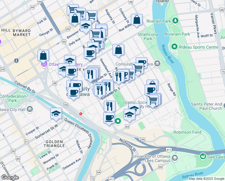 map of restaurants, bars, coffee shops, grocery stores, and more near 261 Somerset Street East in Ottawa