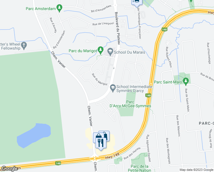 map of restaurants, bars, coffee shops, grocery stores, and more near 914 Boulevard du Plateau in Gatineau