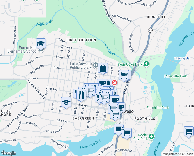 map of restaurants, bars, coffee shops, grocery stores, and more near 665 4th Street in Lake Oswego