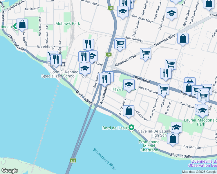 map of restaurants, bars, coffee shops, grocery stores, and more near 81 Avenue Lafleur in Montréal