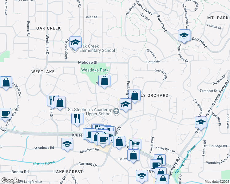 map of restaurants, bars, coffee shops, grocery stores, and more near 4710 Avery Ln in Lake Oswego