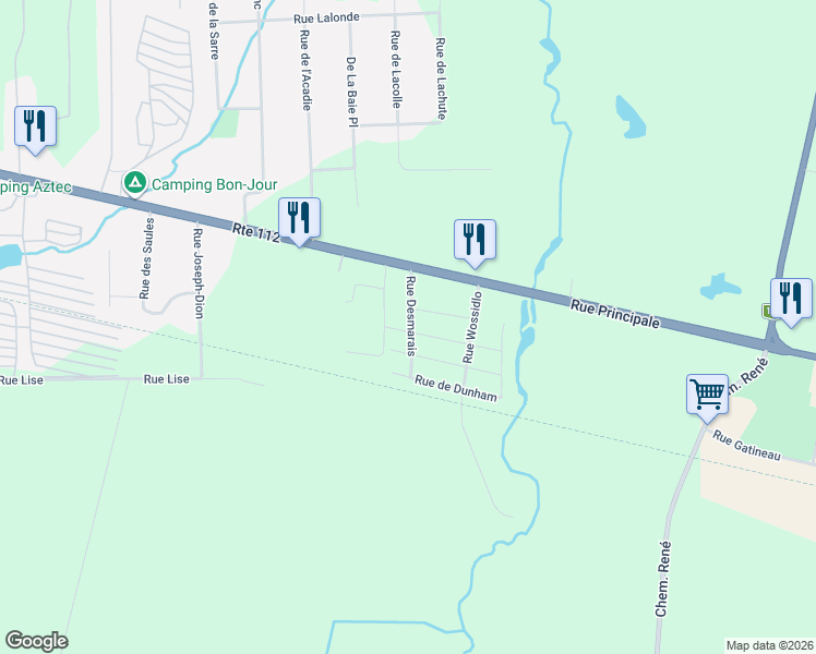 map of restaurants, bars, coffee shops, grocery stores, and more near 418 Rue Desmarais in Granby