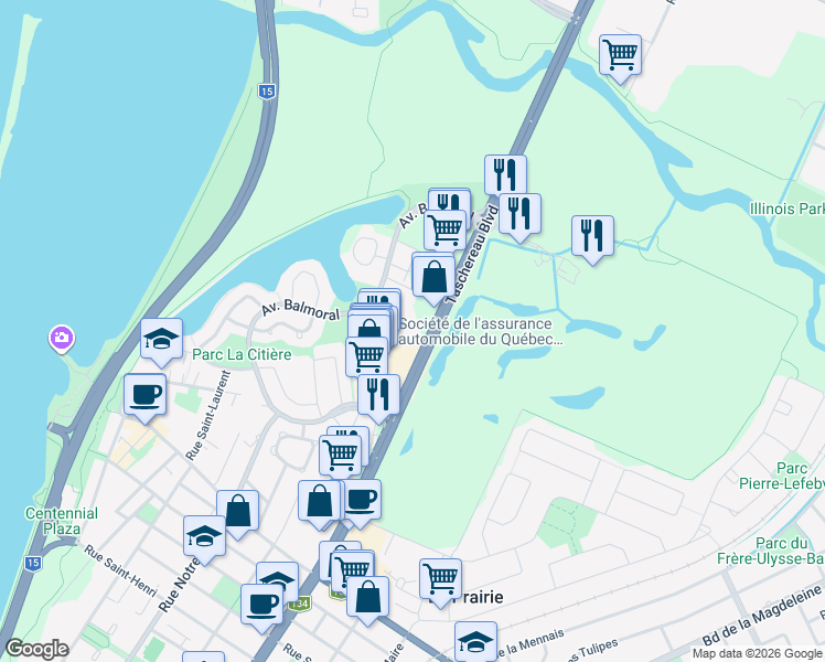 map of restaurants, bars, coffee shops, grocery stores, and more near in La Prairie