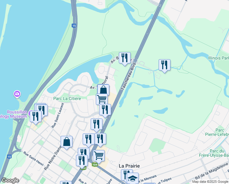 map of restaurants, bars, coffee shops, grocery stores, and more near in La Prairie