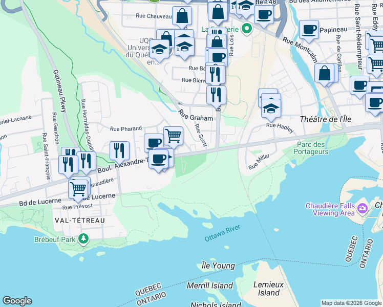 map of restaurants, bars, coffee shops, grocery stores, and more near 232 Boulevard Alexandre-Taché in Gatineau