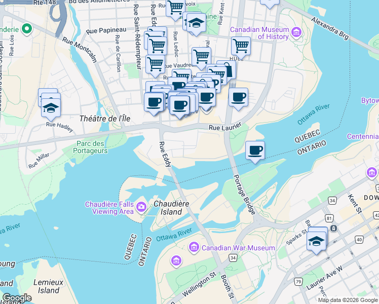 map of restaurants, bars, coffee shops, grocery stores, and more near 40 Rue Jos-Montferrand in Gatineau