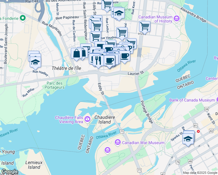 map of restaurants, bars, coffee shops, grocery stores, and more near 15 Rue Jos-Montferrand in Gatineau