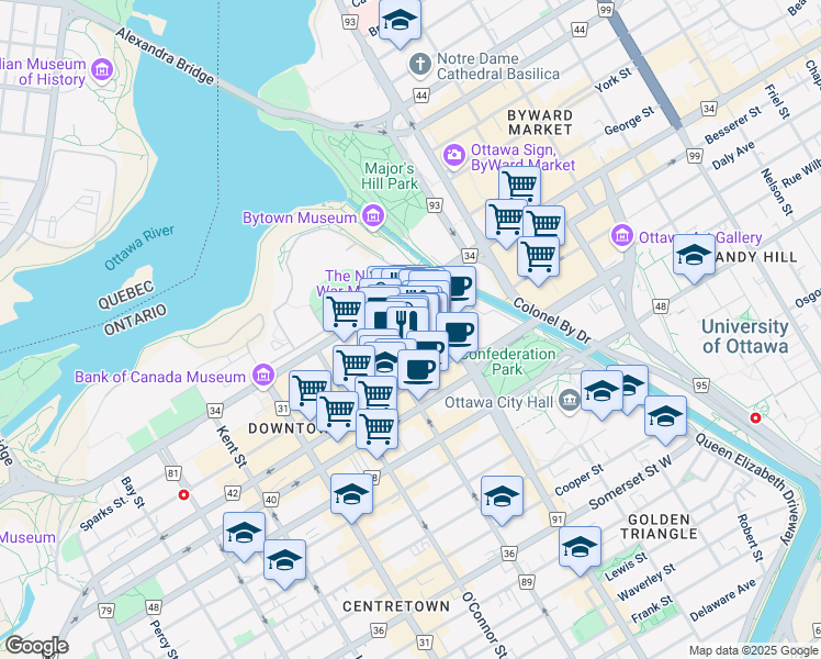 map of restaurants, bars, coffee shops, grocery stores, and more near 46 1/2 Sparks Street in Ottawa