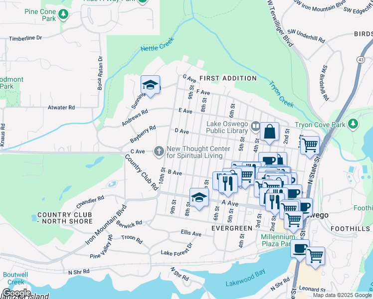 map of restaurants, bars, coffee shops, grocery stores, and more near 837 C Avenue in Lake Oswego