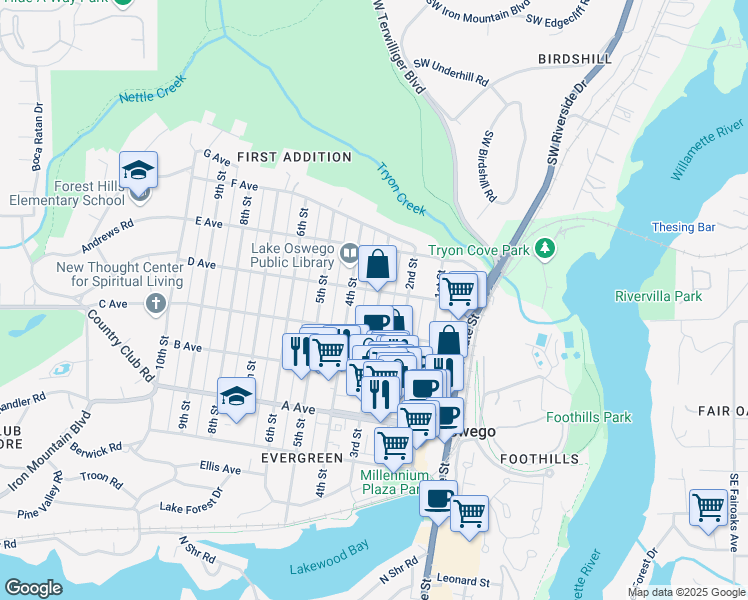 map of restaurants, bars, coffee shops, grocery stores, and more near 680 3rd Street in Lake Oswego