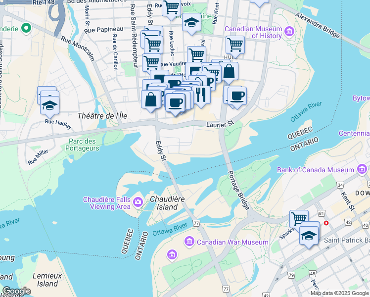 map of restaurants, bars, coffee shops, grocery stores, and more near 40 Rue Jos-Montferrand in Gatineau