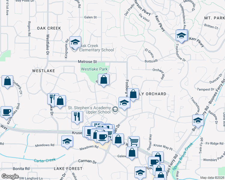 map of restaurants, bars, coffee shops, grocery stores, and more near 4710 Avery Lane in Lake Oswego