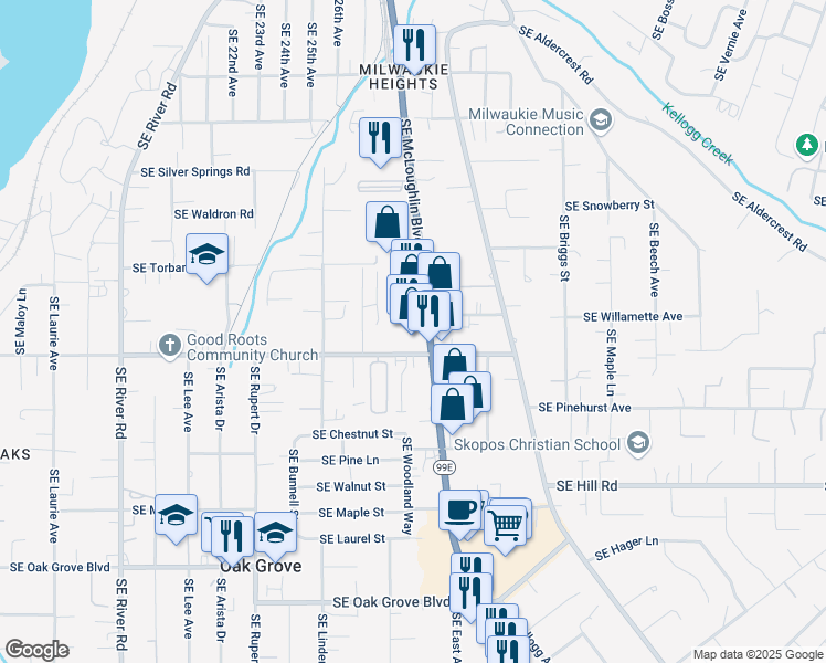 map of restaurants, bars, coffee shops, grocery stores, and more near in Oak Grove