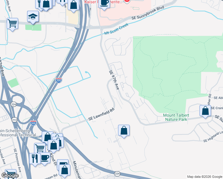 map of restaurants, bars, coffee shops, grocery stores, and more near 9900 Southeast Lawnfield Road in Clackamas
