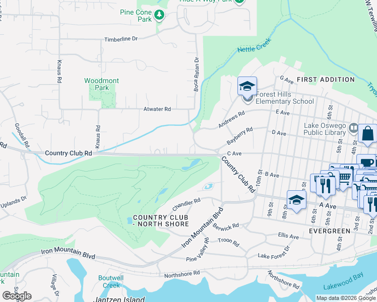 map of restaurants, bars, coffee shops, grocery stores, and more near 615 Country Club Road in Lake Oswego