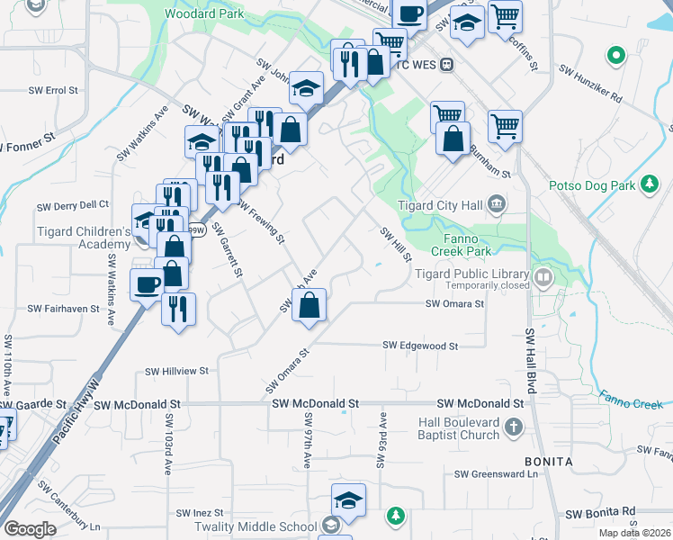map of restaurants, bars, coffee shops, grocery stores, and more near 13495 Southwest Village Glenn Drive in Tigard