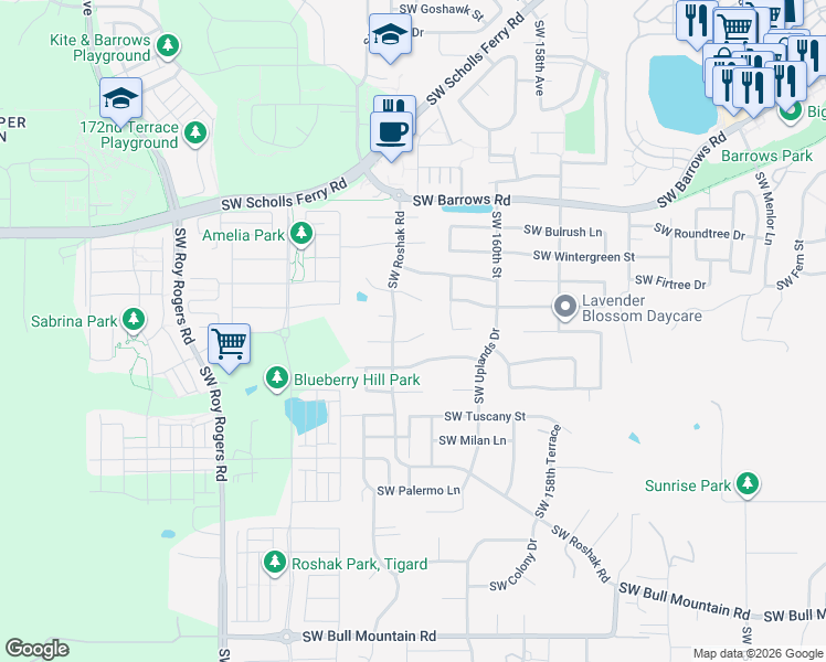 map of restaurants, bars, coffee shops, grocery stores, and more near 16246 Southwest Dahlia Court in Tigard