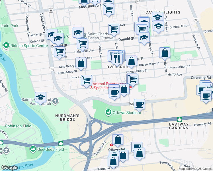map of restaurants, bars, coffee shops, grocery stores, and more near 276 Presland Road in Ottawa