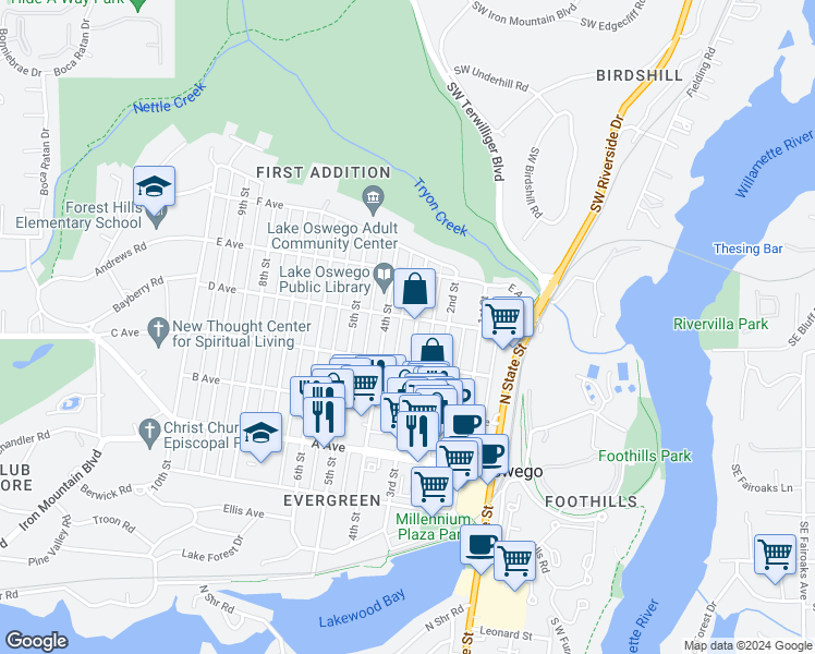 map of restaurants, bars, coffee shops, grocery stores, and more near 678 3rd Street in Lake Oswego